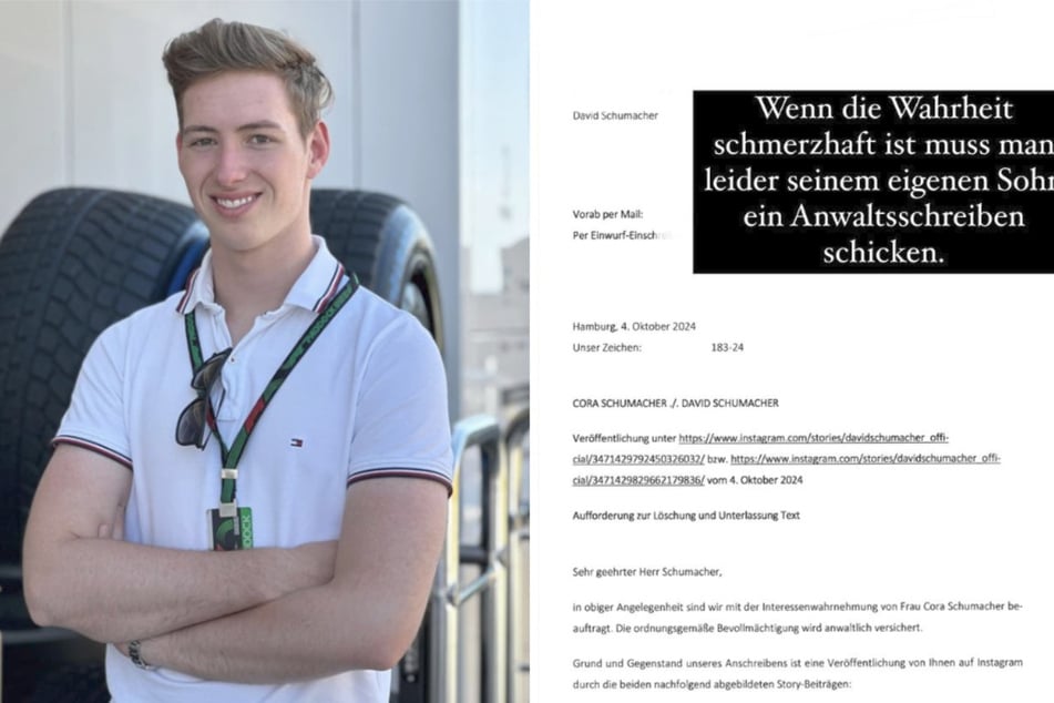 David Schumacher (22) teilte am Samstag ein angebliches anwaltliches Schreiben, das er von seiner Mutter Cora erhalten hat. Die Forderung: Er solle seine Äußerungen auf Instagram löschen.