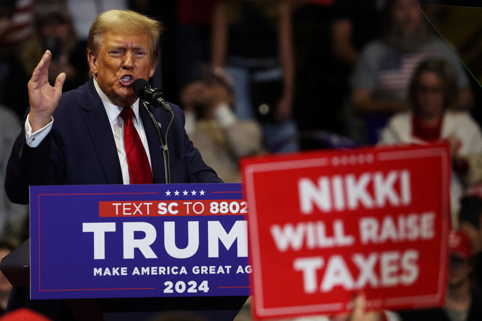 Former president and 2024 frontrunner Donald Trump speaks during a campaign rally at Winthrop Coliseum in Rock Hill ahead of the South Carolina Republican presidential primary.