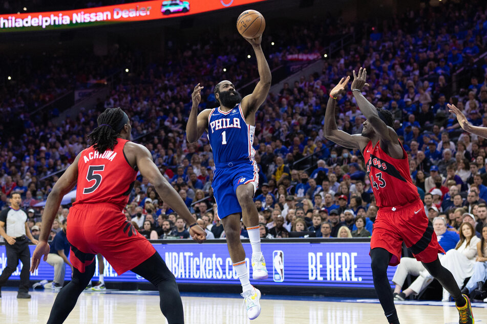 James Harden goes up to shoot in the Sixers big win over the Raptors.