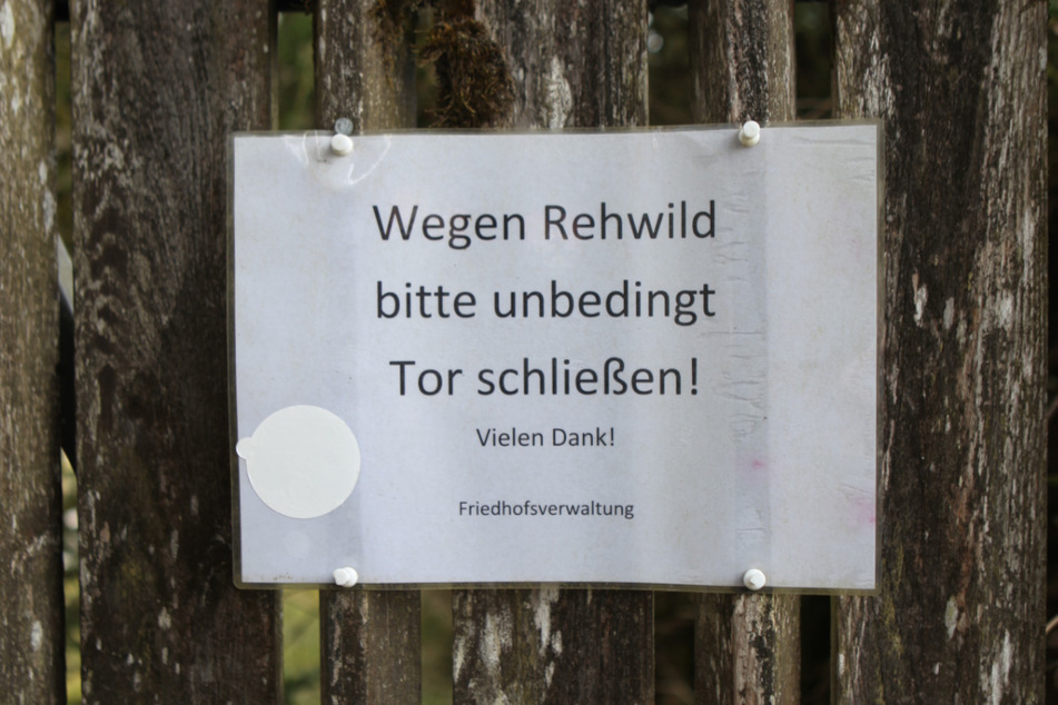 Ein Hinweisschild warnt am Bergfriedhof in Schönau vor Rehwild.