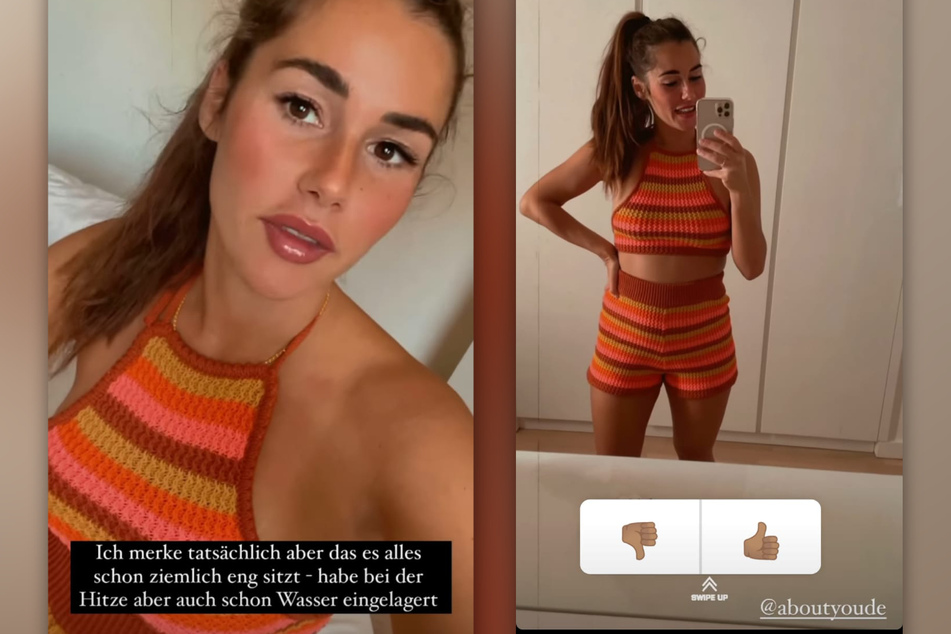 Sarah Engels (28) hat kürzlich neue Kleidung bestellt, viele Teile sind ihr wegen des Babybauchs allerdings schon zu klein. (Fotomontage)