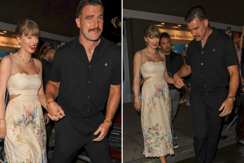 Taylor Swift (l.) and Travis Kelce (r.) walk hand-in-hand to a wedding at Electric Lady Studios in New York City.