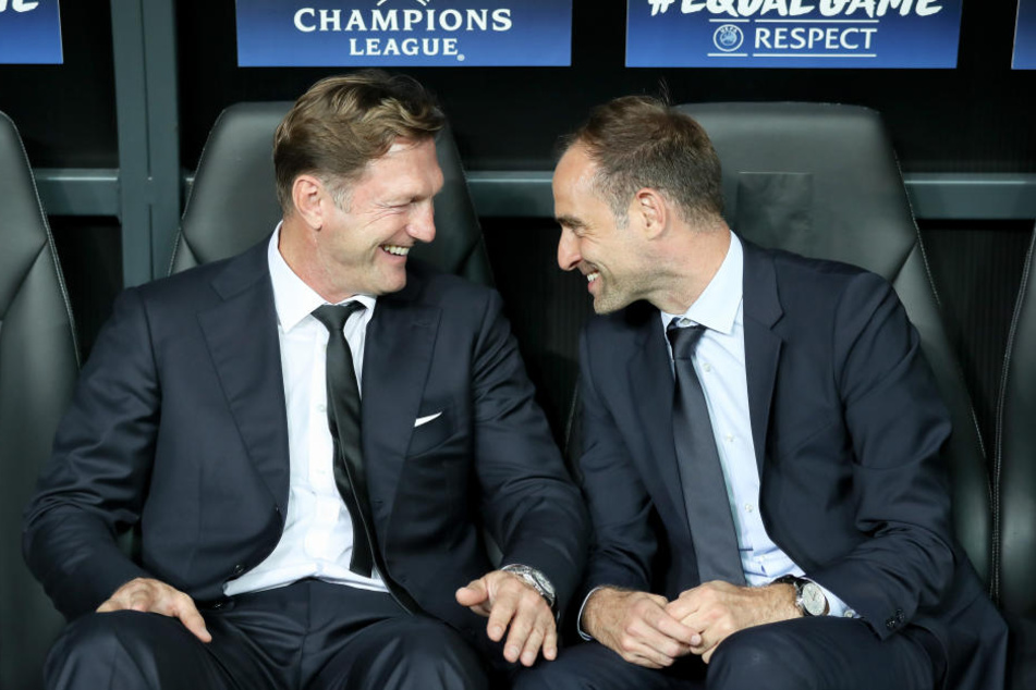 Haben nach dem 4:1 gegen Monaco gut lachen: RB-Trainer Ralph Hasenhüttl (li.) neben Geschäftsführer Oliver Mintzlaff.