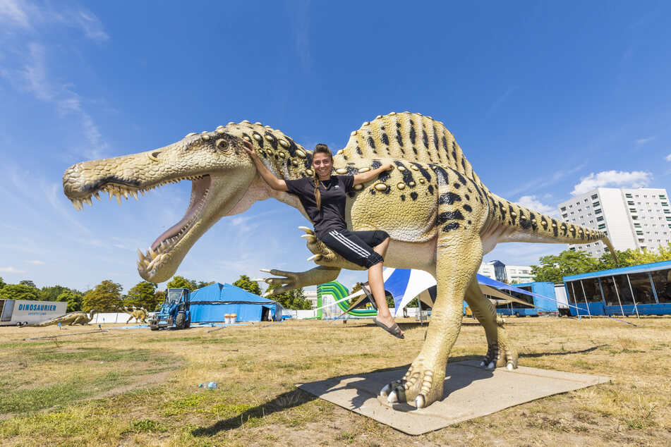 Sieht gefährlicher aus, als es ist: Mitarbeiterin Ashanti Freiwald (19) reitet auf einem Spinosaurus.