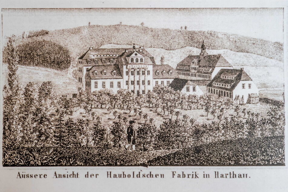 Eine Abbildung (1841) der Hauboldschen Fabrik aus dem 19. Jahrhundert.