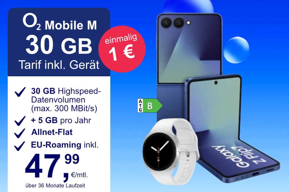 Das Samsung Galaxy Z Flip7 + Watch 8 BT im o2 Mobile M für einmalig 1 Euro.