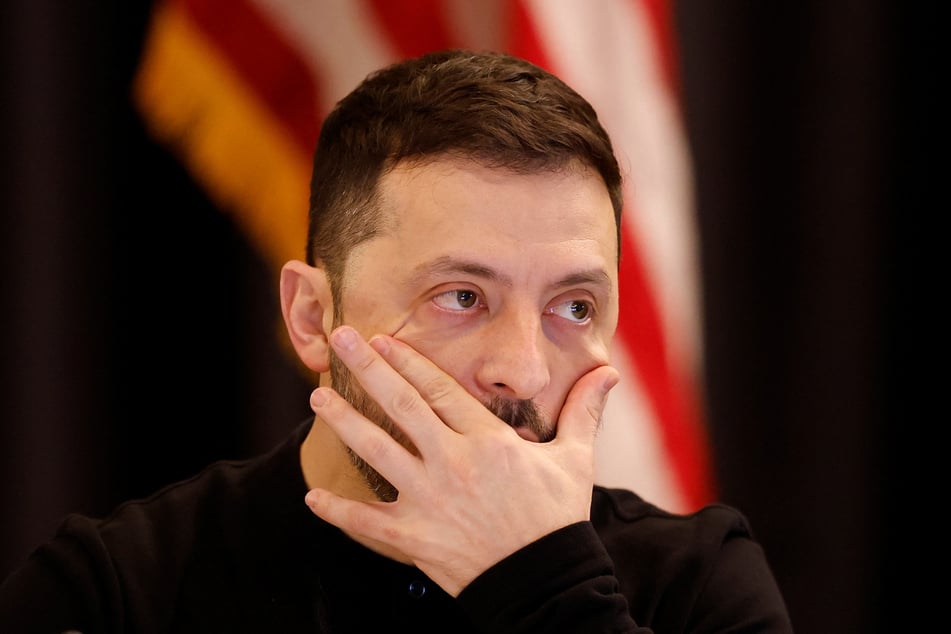 Ukraine's President Volodymyr Zelensky attends a press conference at the Ukraine Defense Contact Group meeting at Ramstein Air Base.