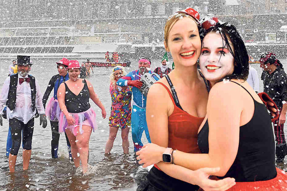 Grit (34, l.) und Julia (33) trotzten der klirrenden Kälte und nahmen am Faschingsschwimmen in der Elbe (3 Grad Wassertemperatur) teil.