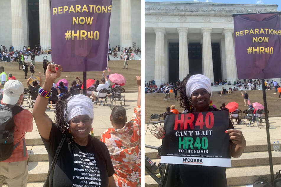 Nkechi Taifa joins a rally in Washington DC to demand the creation of a federal reparations commission via HR 40.