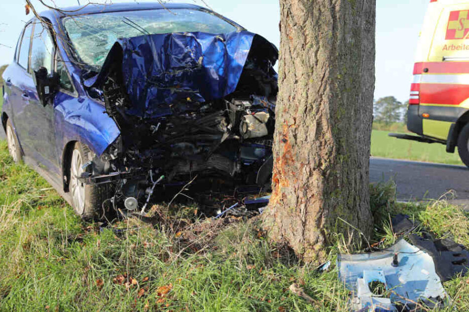 Das Auto fuhr frontal gegen einen Baum.