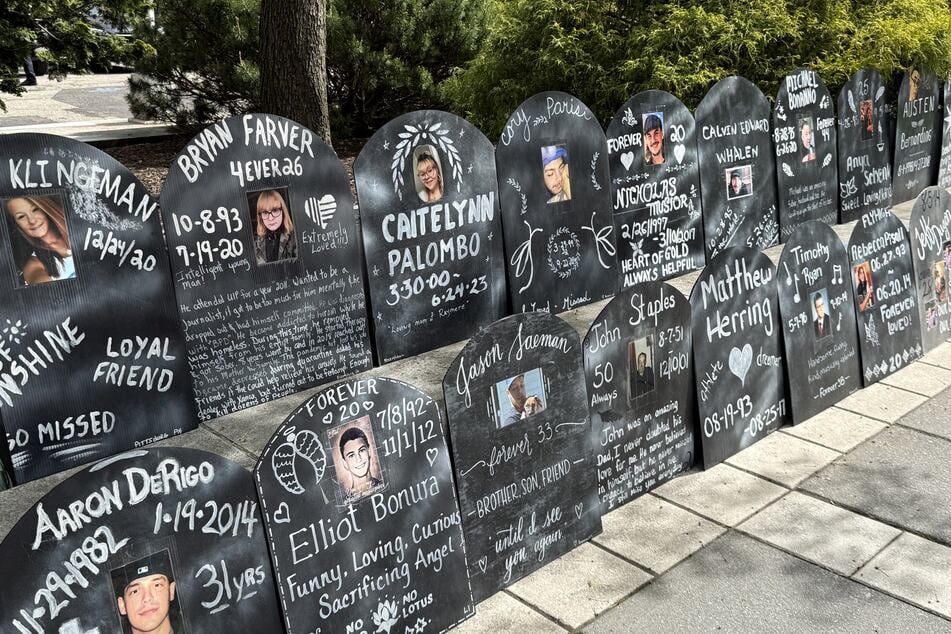 A makeshift memorial of opioid overdose victims is seen outside the US District Court for the District of New Jersey in Newark on April 28, 2026.