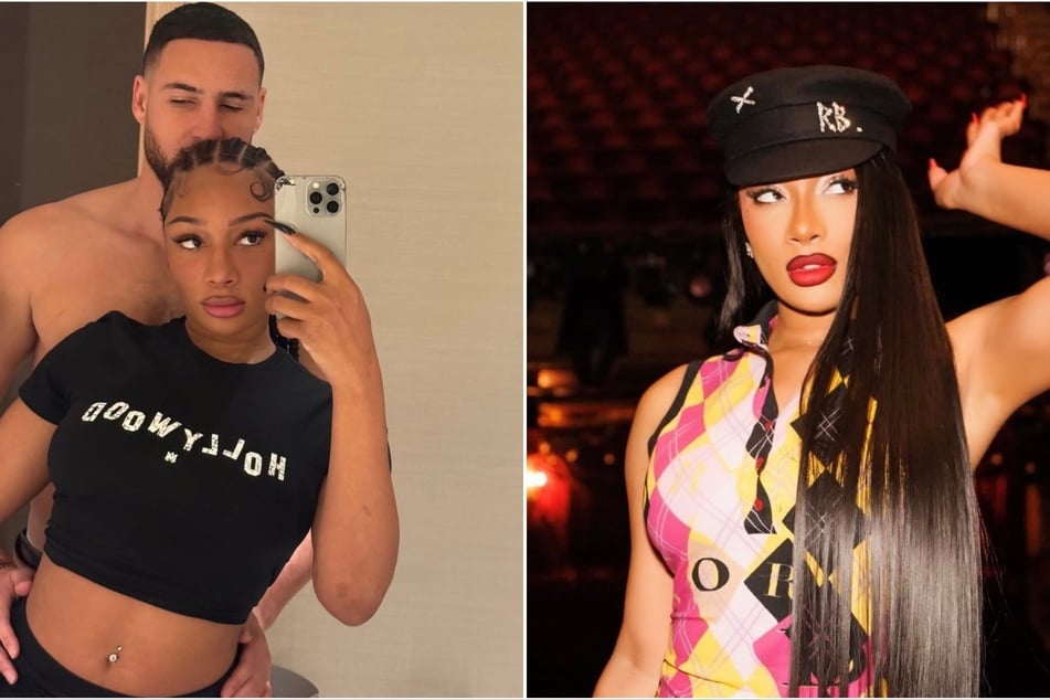 Megan Thee Stallion (r) and her boo Klay Thompson are enjoying the New York life as the rapper stars in Moulin Rouge! The Musical.
