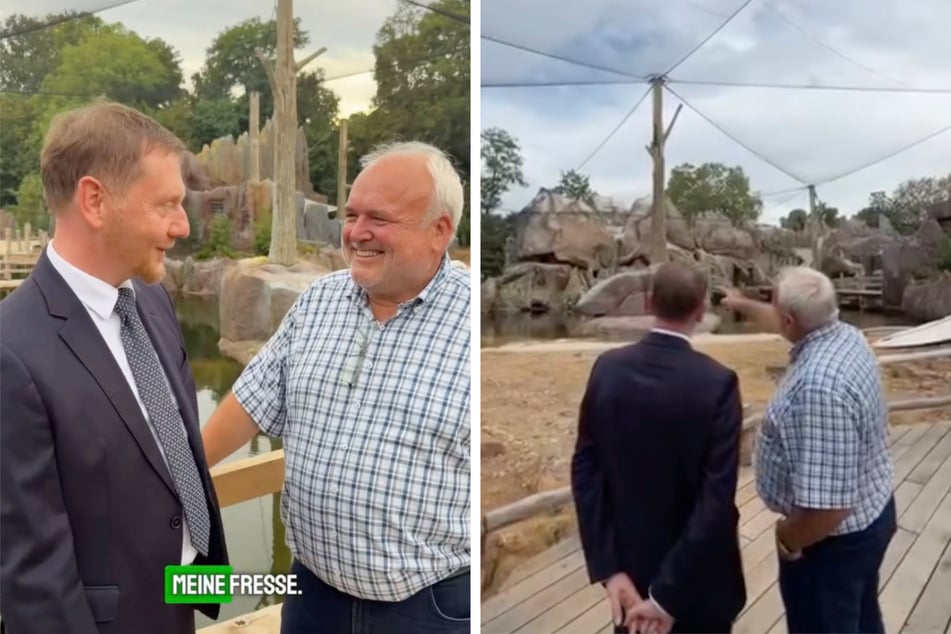 Michael Kretschmer (51, CDU, l.) staunte nicht schlecht, als der Zoodirektor ihm die neue Anlage präsentierte.