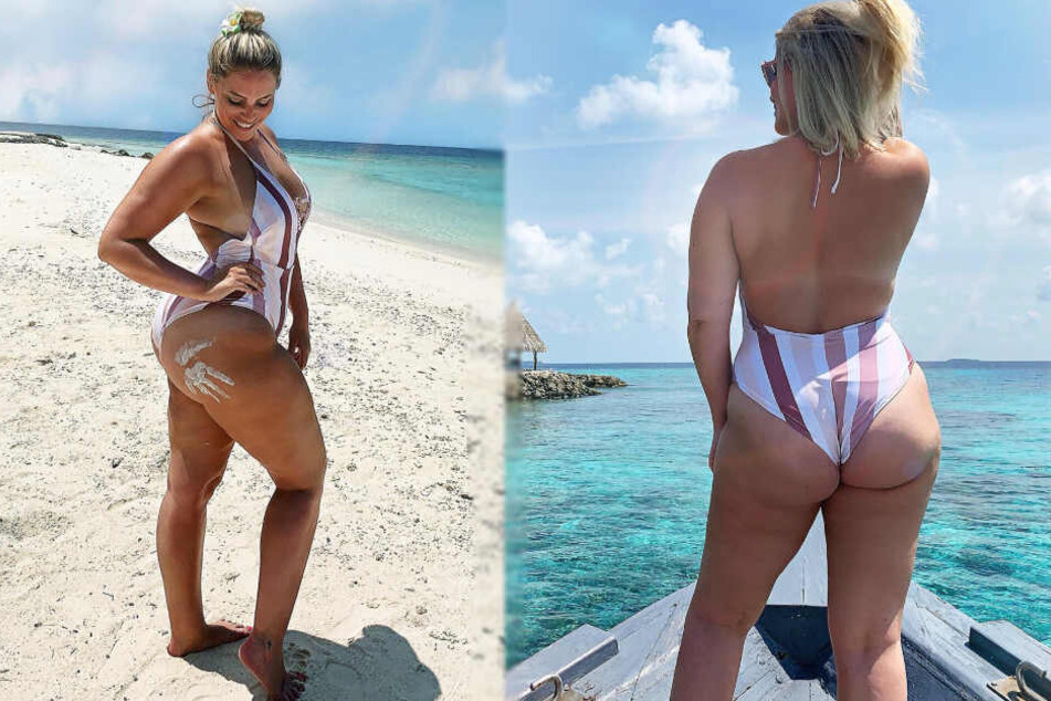 Curvy-Model Angelina Kirsch zeigt im knappen Badeanzug am Strand und auf einem Boot.