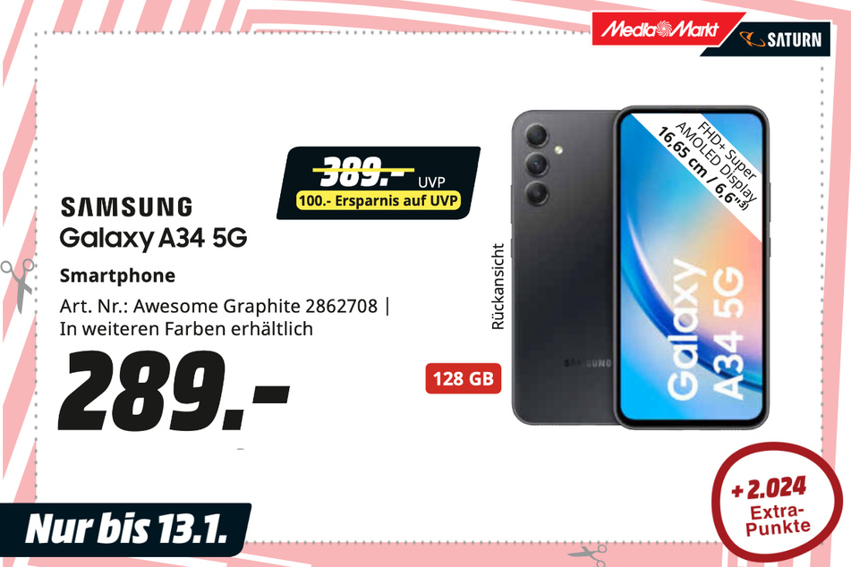 Samsung Galaxy A34 5G für 289 Euro.