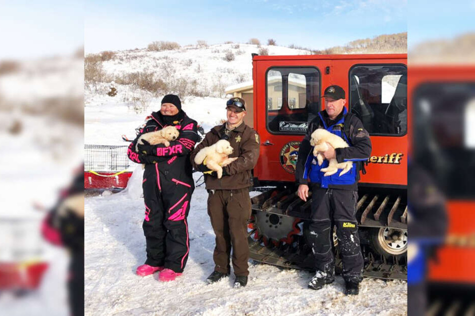 Die Familie und ein Polizist halten die drei Hundewelpen.