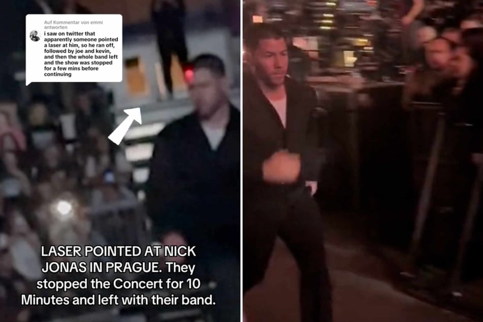 Nick Jonas caused a commotion on the stage at a Tuesday night Jonas Brothers concert in Prague after a red laser light hit his face. Fearing the worst, the singer ran for cover.