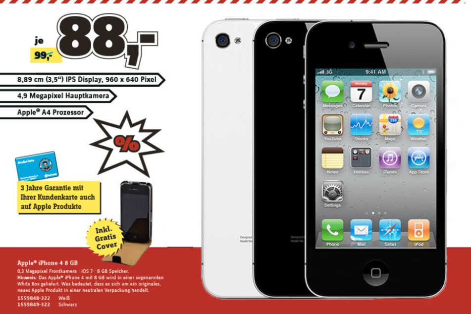 Für nur 88 Euro bekommst Du das iPhone 4 in weiß oder schwarz inkl. passender Lederhülle von hama.