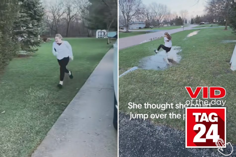 This girl tried leaping over a puddle but ended up gliding through it and falling instead.