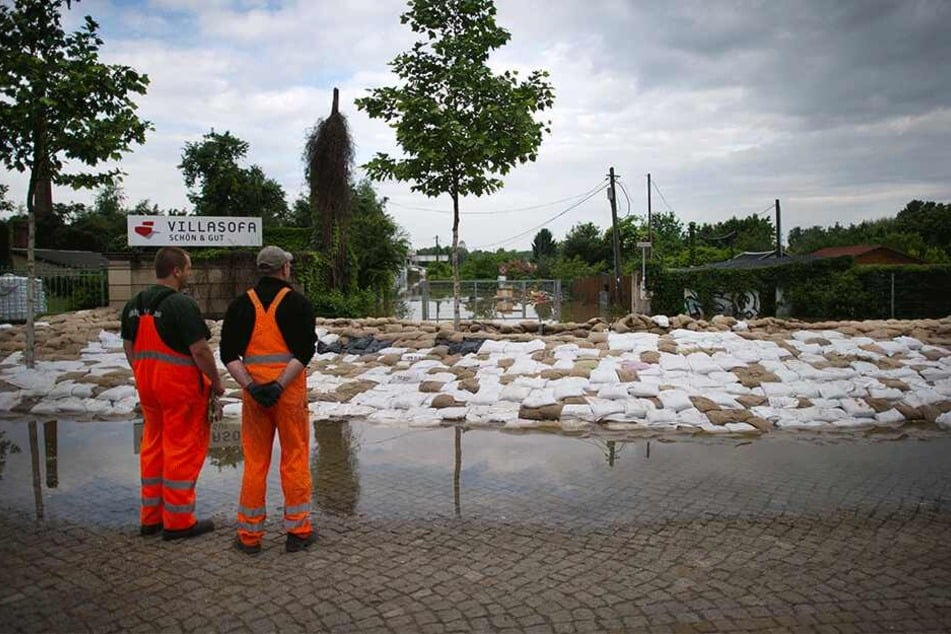 Zwei Stadt-Mitarbeiter stehen im Juni 2013 vor einer überfluteten Kleingartenanlage an der Leipziger Straße.