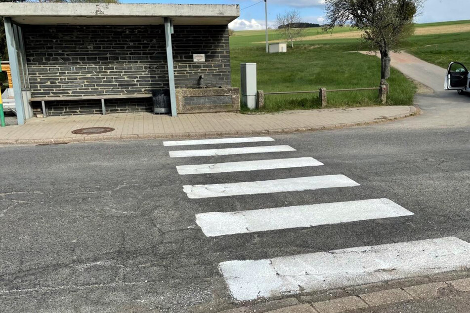 Ein selbst gemalter Fußgängerüberweg führt über eine Straße vor einer Bushaltestelle. Der Zebrastreifen wurde nach Angaben der Polizei in der Nacht zum 1. Mai vor einer Bushaltestelle angebracht.