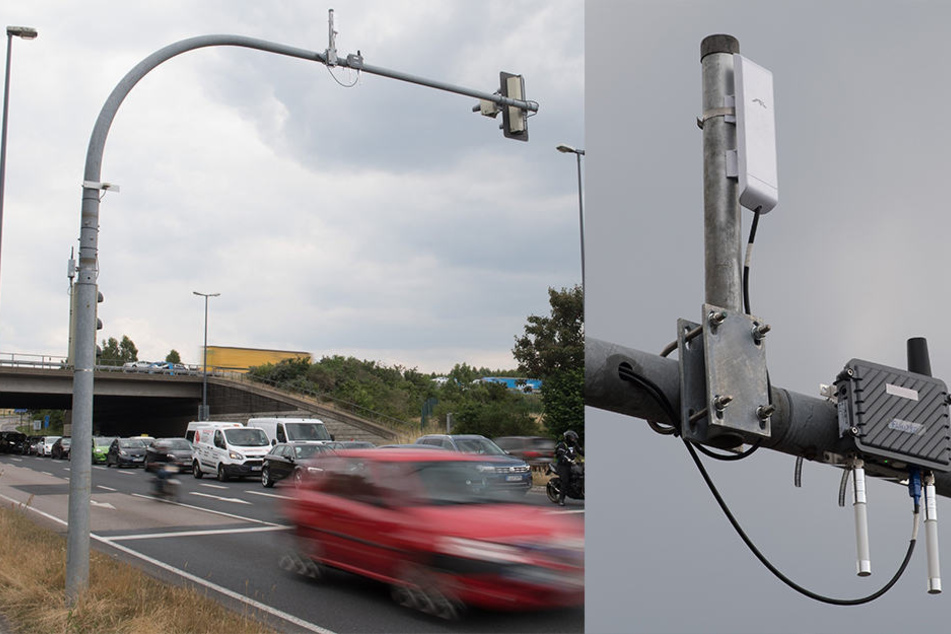 Hier beginnt die Zukunft: Das Funkmodul hängt bereits an der Ampel auf der Wilschdorfer Landstraße. Über die kleinen Kästen können Infos mit Autos ausgetauscht werden.