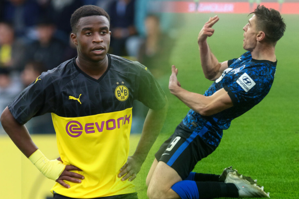 Dortmunds Youssoufa Moukoko (16, l.) könnte gegen Herthas Krzysztof Piatek sein Bundesliga-Debüt feiern. (Bildmontage)