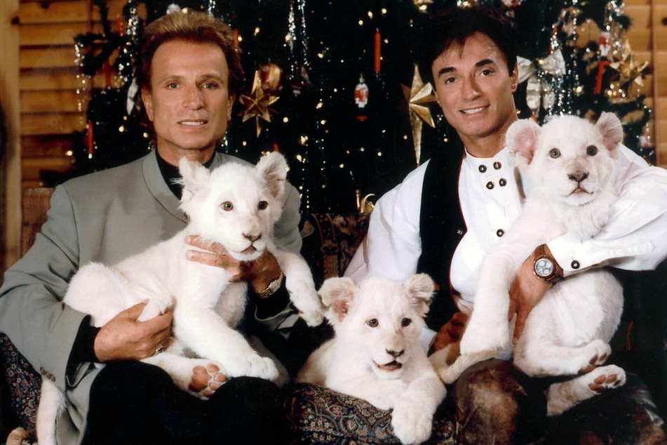 Die deutschen Magier Siegfried (l, †81) und Roy (†75)sitzen im Dezember 1999 in Las Vegas (USA) vor einem Weihnachtsbaum.