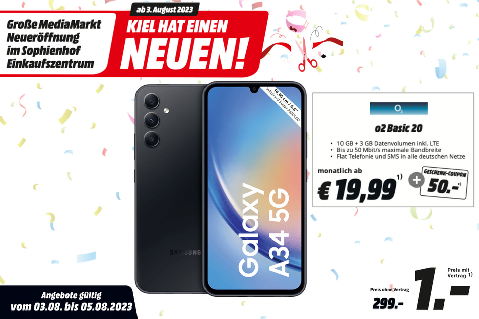 Samsung Galaxy A34 5G für 1 Euro im Tarif + 50-Euro-Coupon.