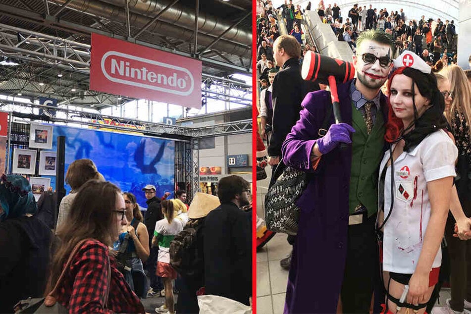 links: Andrang am "Nintendo"-Stand. rechts: Besucher verkleidet als "Joker" und "Harley Quinn"