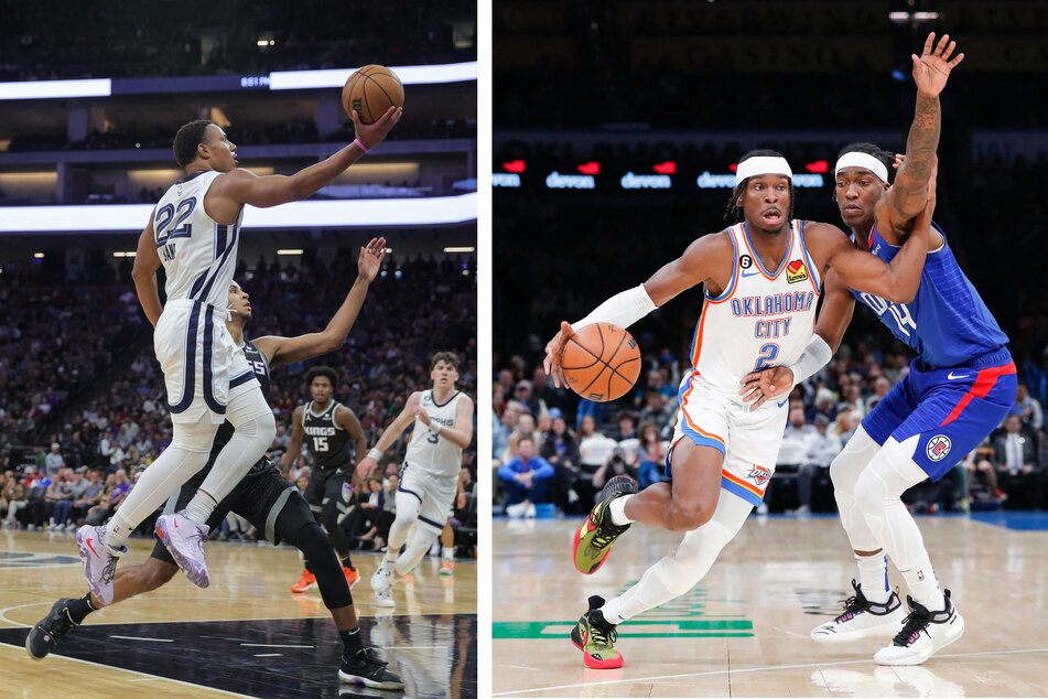Left: Memphis Grizzlies guard Desmond Bane drives to the basket over Sacramento Kings forward Keegan Murray. Right: Oklahoma City Thunder guard Shai Gilgeous-Alexander is defended by LA Clippers guard Terance Mann on a drive to the basket.