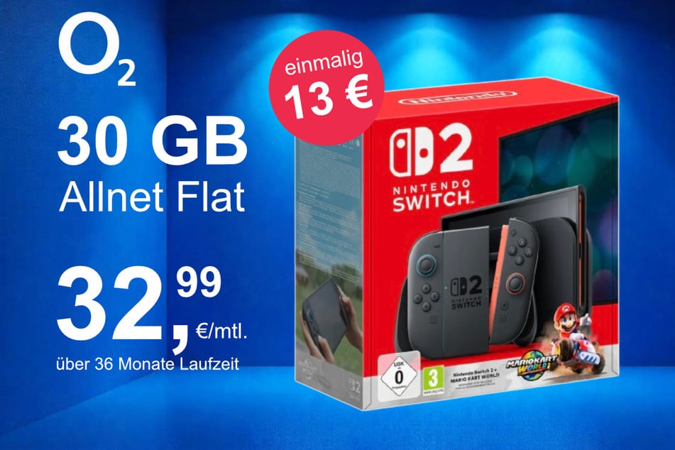 Die Nintendo Switch 2 plus Mario Kart World im o2 Mobile M inkl. 30 GB+ für einmalig nur 13 Euro.