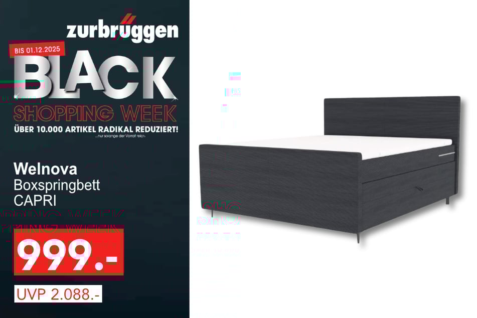 Das Welnova Boxspringbett CAPRI
für 999 statt 2.088 Euro.