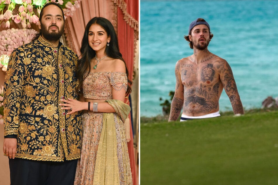 Justin Bieber (r.) performed at the wedding celebrations of Radhika Merchant and Anant Ambani, the son of India's richest man.