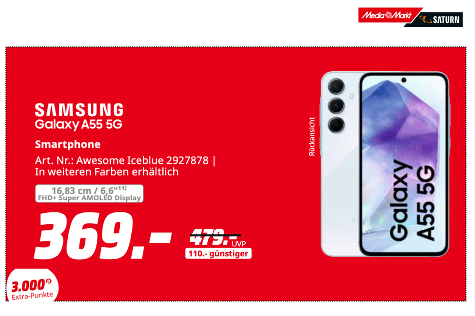 Samsung Galaxy A55 5G für 369 statt 479 Euro.