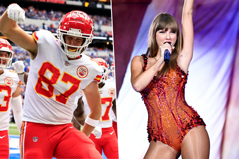 Taylor Swift (r.) and her dancers appeared to honor Travis Kelce with their choreography for So High School on The Eras Tour.