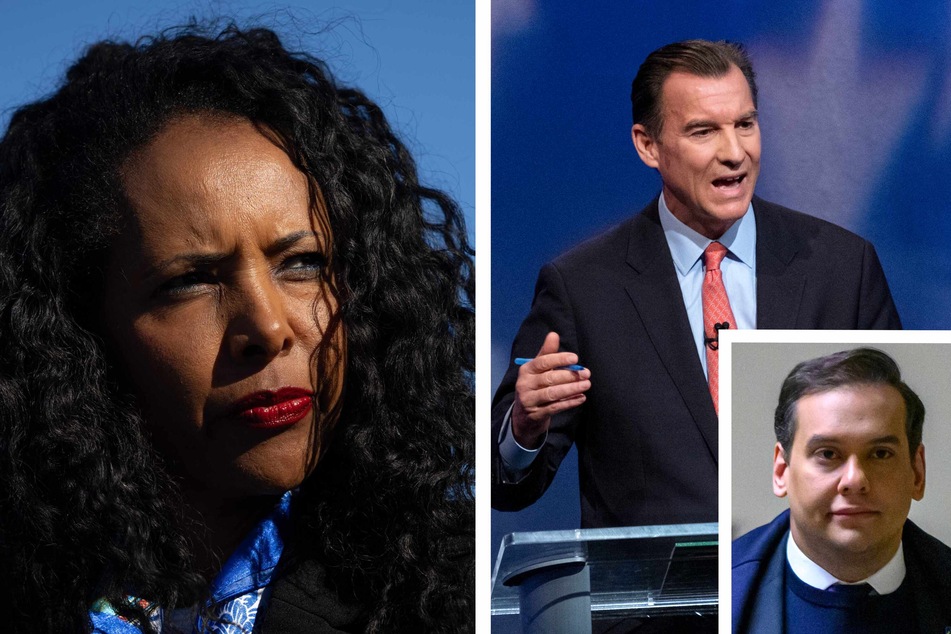 Voters in New York's 3rd congressional district are choosing between Democrat Tom Suozzi (r.) and Republican Mazi Pilip (l.) to replace expelled congressman George Santos (inset r.).