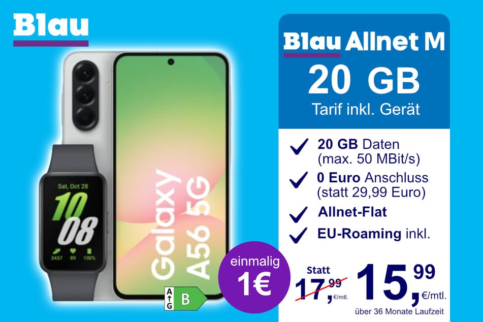 Das Samsung Galaxy A56 + Galaxy Fit 3 im Blau Allnet M für einmalig 1 Euro.