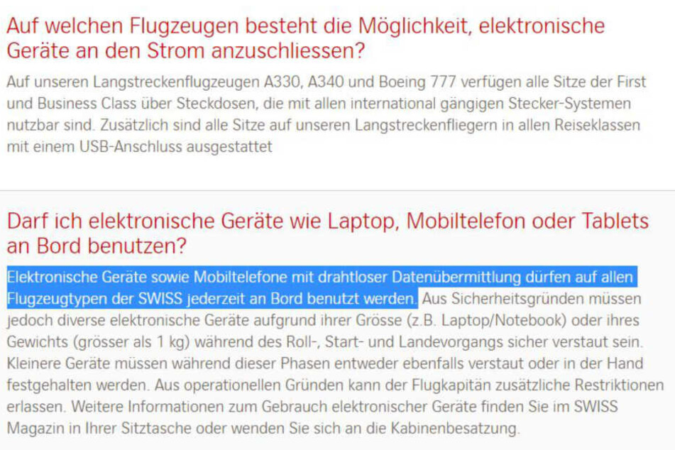 In den häufig gestellten Fragen auf der Swiss-Website erklärt die Airline, dass die Nutzung von Handys jederzeit erlaubt ist.