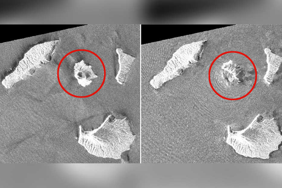 Die Bilder zeigen den Anak Krakatau vor und nach dem Ausbruch.