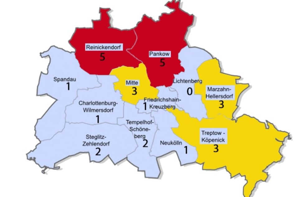 Auf der Karte sind die Anzahl der Funde in den einzelnen Bezirken zu sehen.