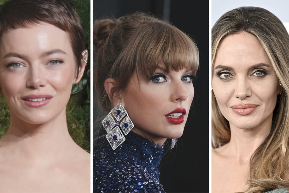 Stars such as Emma Stone (36, left), Taylor Swift (35, center) and Angelina Jolie (49, right) have also been victims of deepfake pictures.