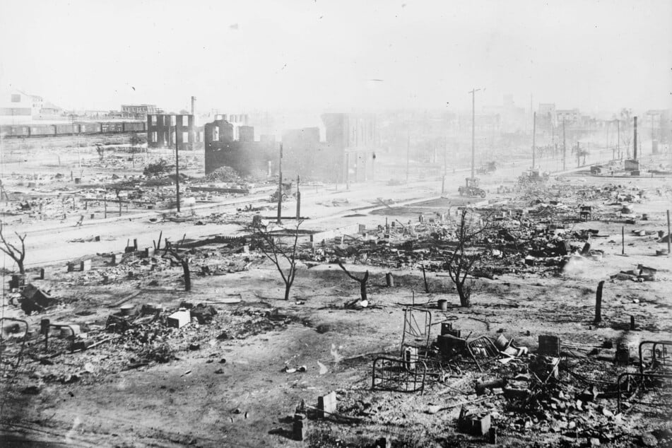 The once-thriving Greenwood District lies in ruins in the aftermath of the 1921 Tulsa Race Massacre.