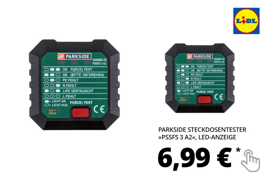Produktbild 1 von 1
PARKSIDE Steckdosentester »PSSFS 3 A2«, LED-Anzeige