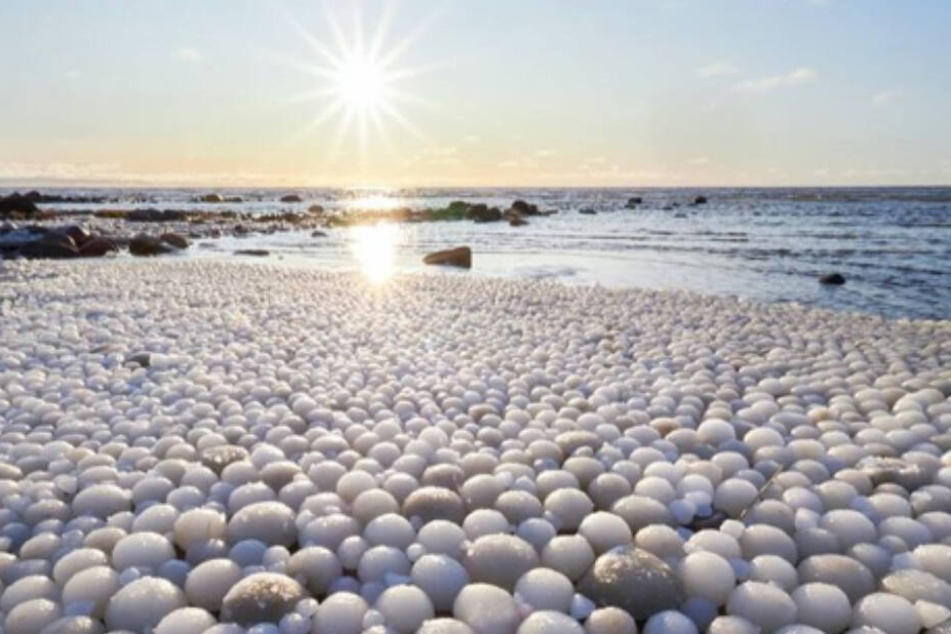 Ein finnischer Strand ist über und über mit Eisbällen bedeckt.