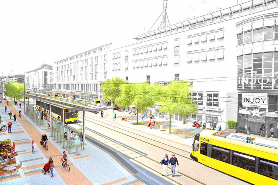 So soll die neue autofreie Zentralhaltestelle an der Kesselsdorfer Straße aussehen.