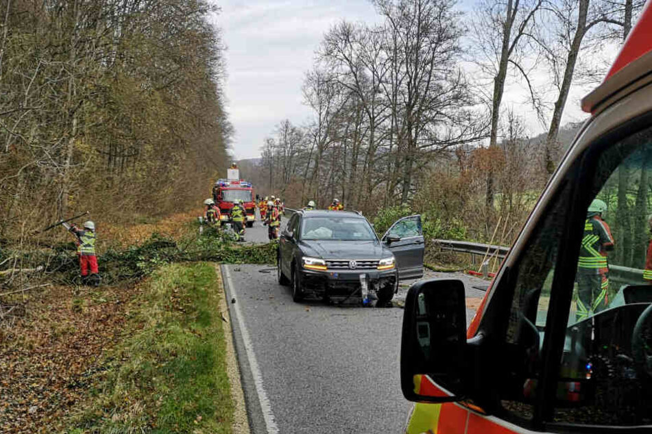 Warum der Baum umkippte, ist noch nicht geklärt. Die Insassen kamen mit leichten Verletzungen und einem Schrecken davon.