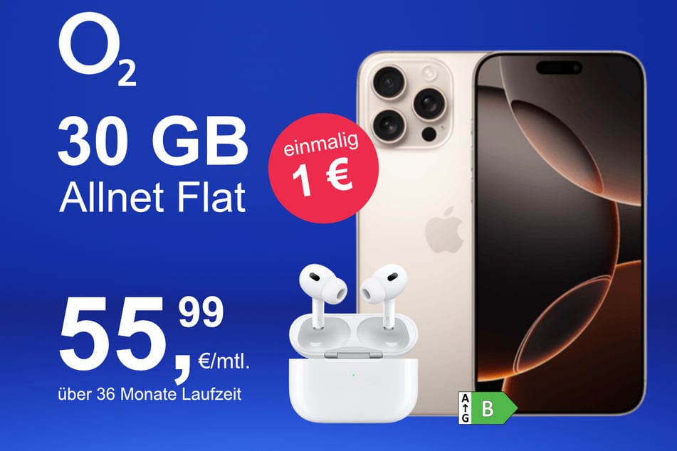 Das iPhone 16 Pro Max + AirPods Pro im o2 Mobile M für einmalig 1 Euro.