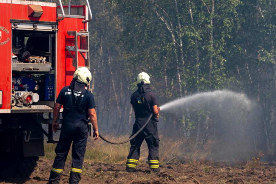 Feuerwehrmänner löschen den Waldbrand auf früherem Truppenübungsplatz bei Jüterbog.