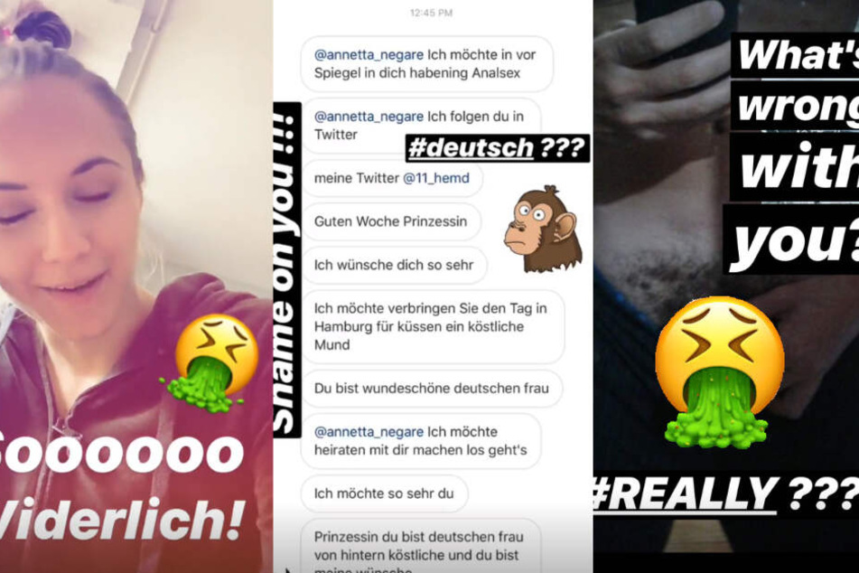 Mit diesem Foto (rechts) und Text (Mitte) wurde Annetta Negare von einem User auf Instagram belästigt. Ihre Reaktion fiel eindeutig aus.